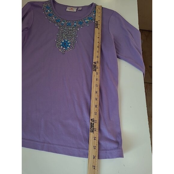 Quacker Factory Shirt Womens M Purple 3/4 Sleeve Beaded Sequin Knit Top Boho - Picture 13 of 15